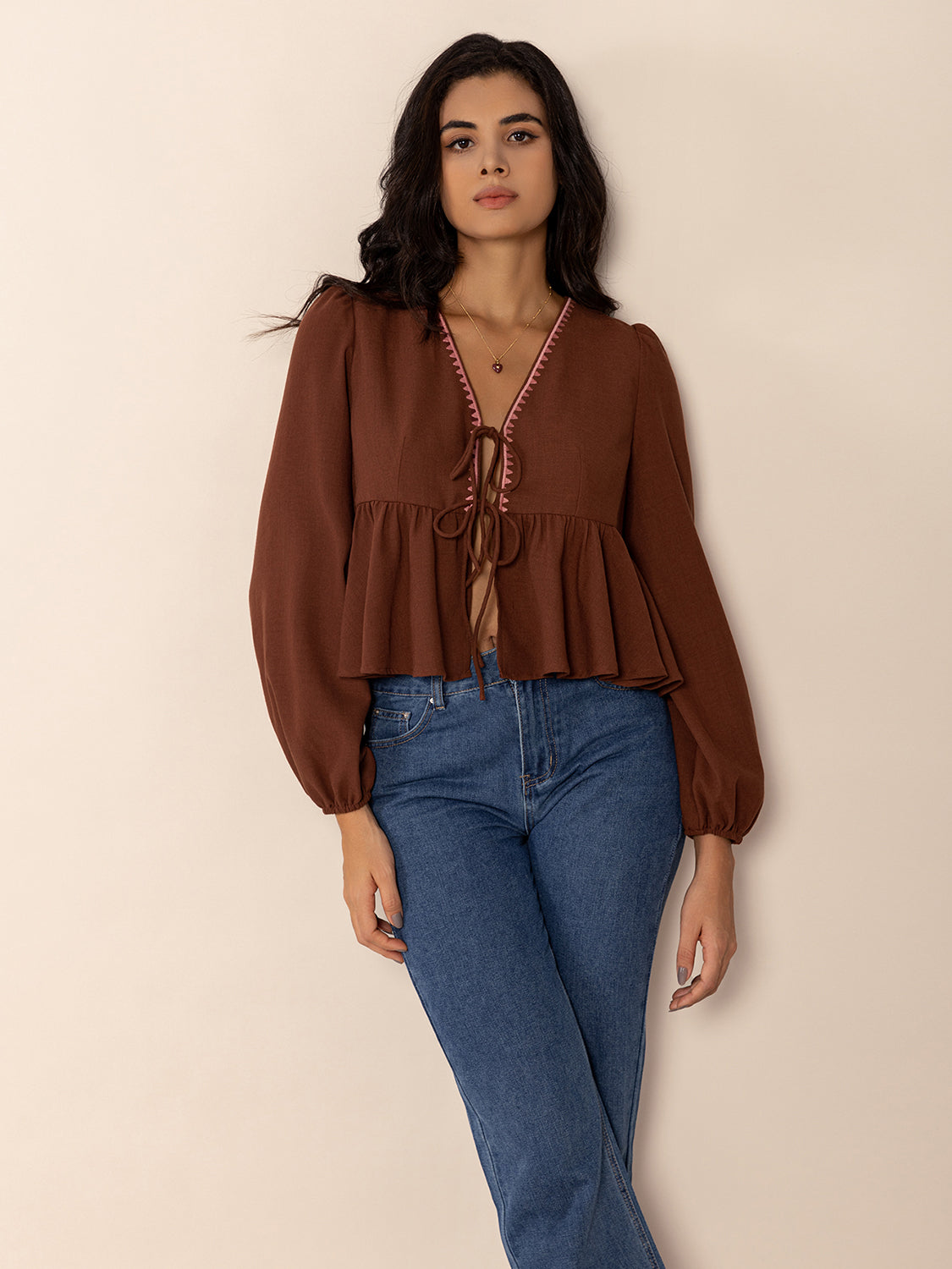 Peplum Tied V-Neck Long Sleeve Blouse-TOPS / DRESSES-[Adult]-[Female]-Brown-S-2022 Online Blue Zone Planet