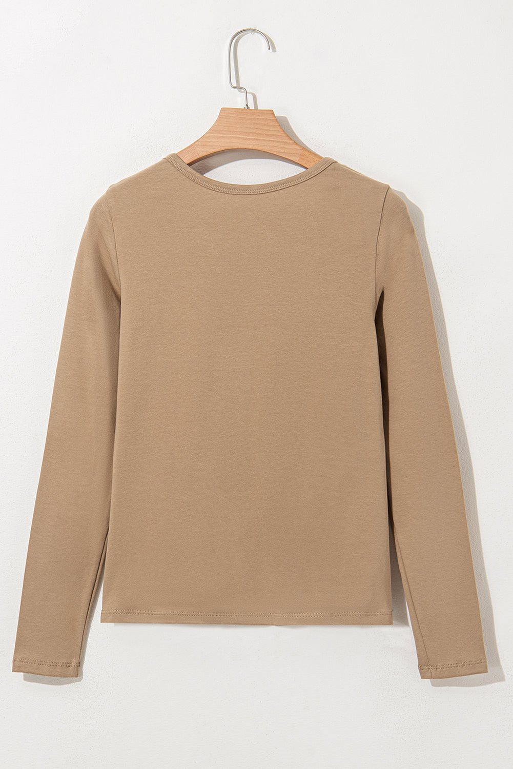 Pale Khaki Long Sleeve Buttons V Neck Slim Fit Top-Tops/Long Sleeve Tops-[Adult]-[Female]-2022 Online Blue Zone Planet