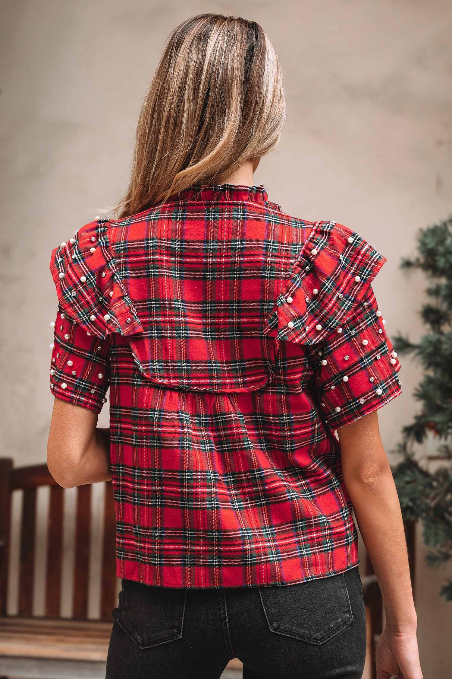 Red Festive Plaid Pearl Embellished Ruffle Short Sleeve Blouse-Tops/Blouses & Shirts-[Adult]-[Female]-2022 Online Blue Zone Planet