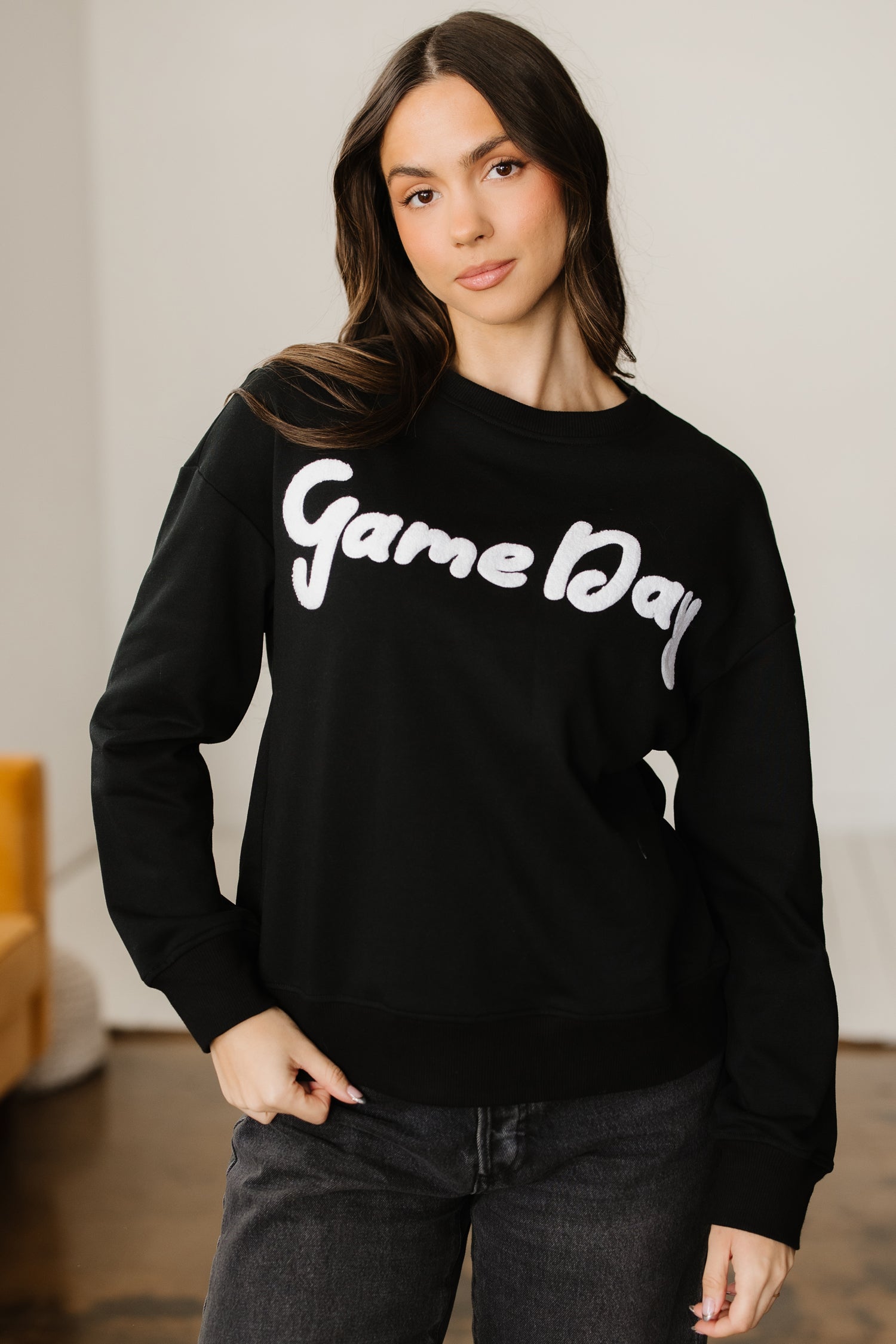 Black Chenille Game Day Graphic Drop Shoulder Sweatshirt-Tops/Sweatshirts & Hoodies-[Adult]-[Female]-2022 Online Blue Zone Planet