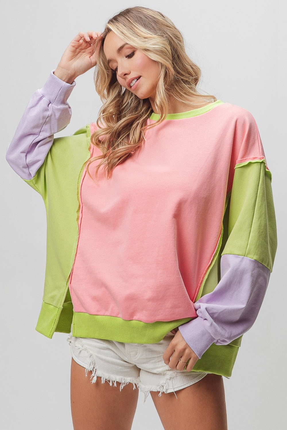 BiBi Washed Color Block Sweatshirt-TOPS / DRESSES-[Adult]-[Female]-2022 Online Blue Zone Planet