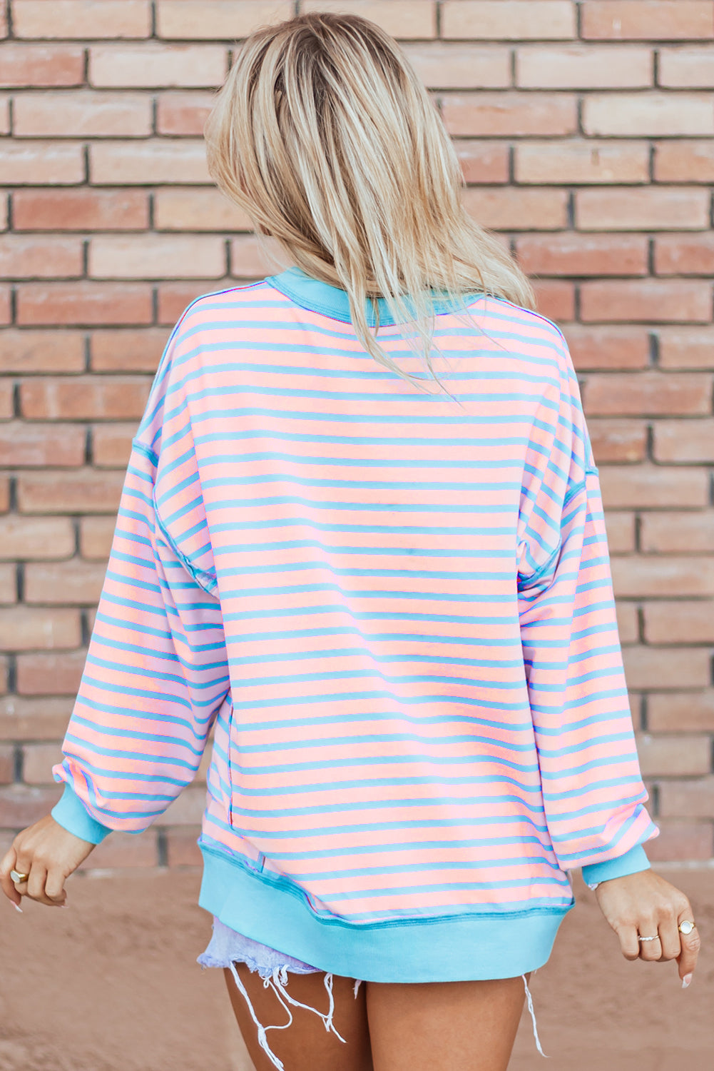 Pink Stripe Contrast Trim High Low Pullover Tunic Sweatshirt-Tops/Sweatshirts & Hoodies-[Adult]-[Female]-2022 Online Blue Zone Planet