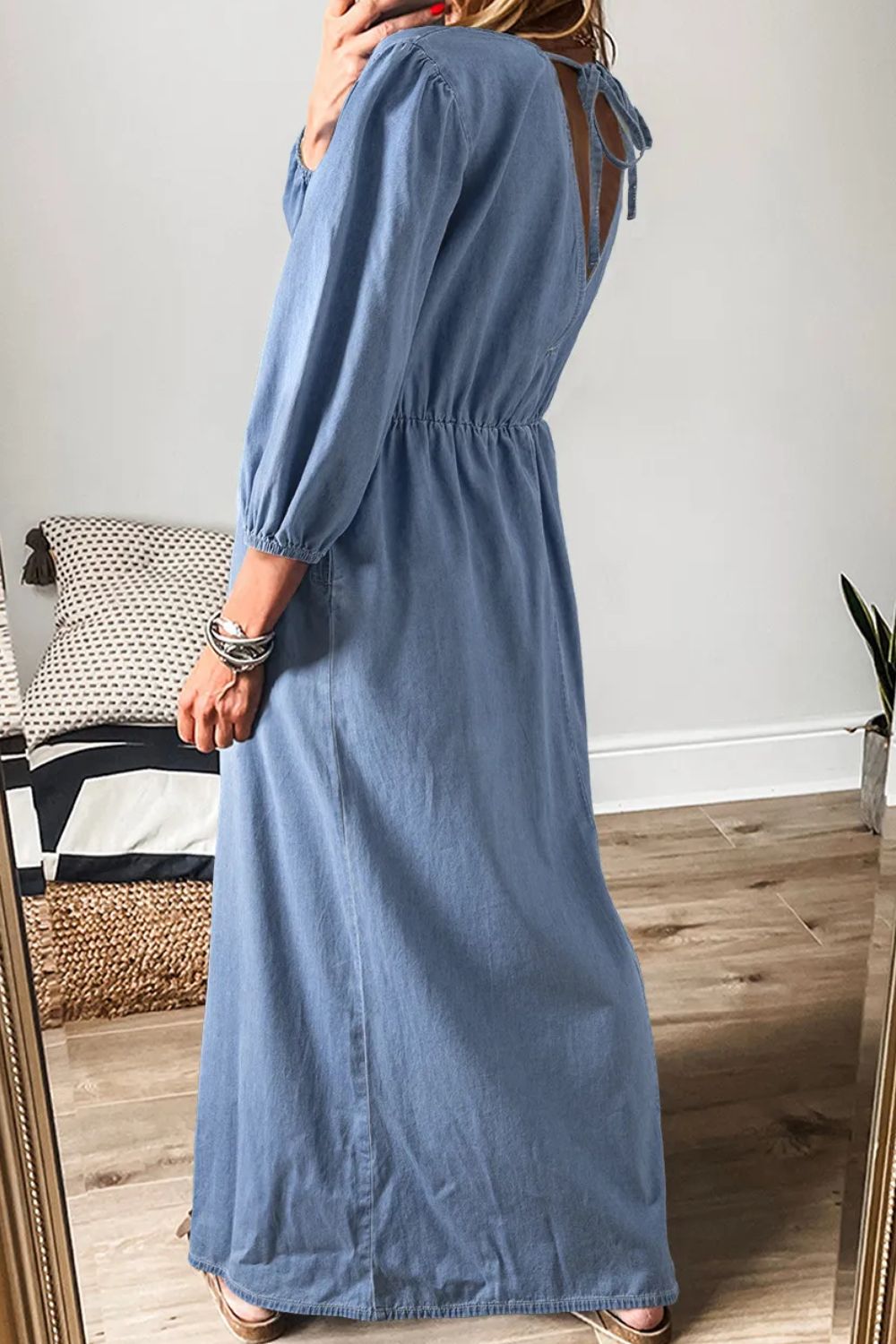 Zone Planet | Tied Plunge Three-Quarter Sleeve Denim Dress