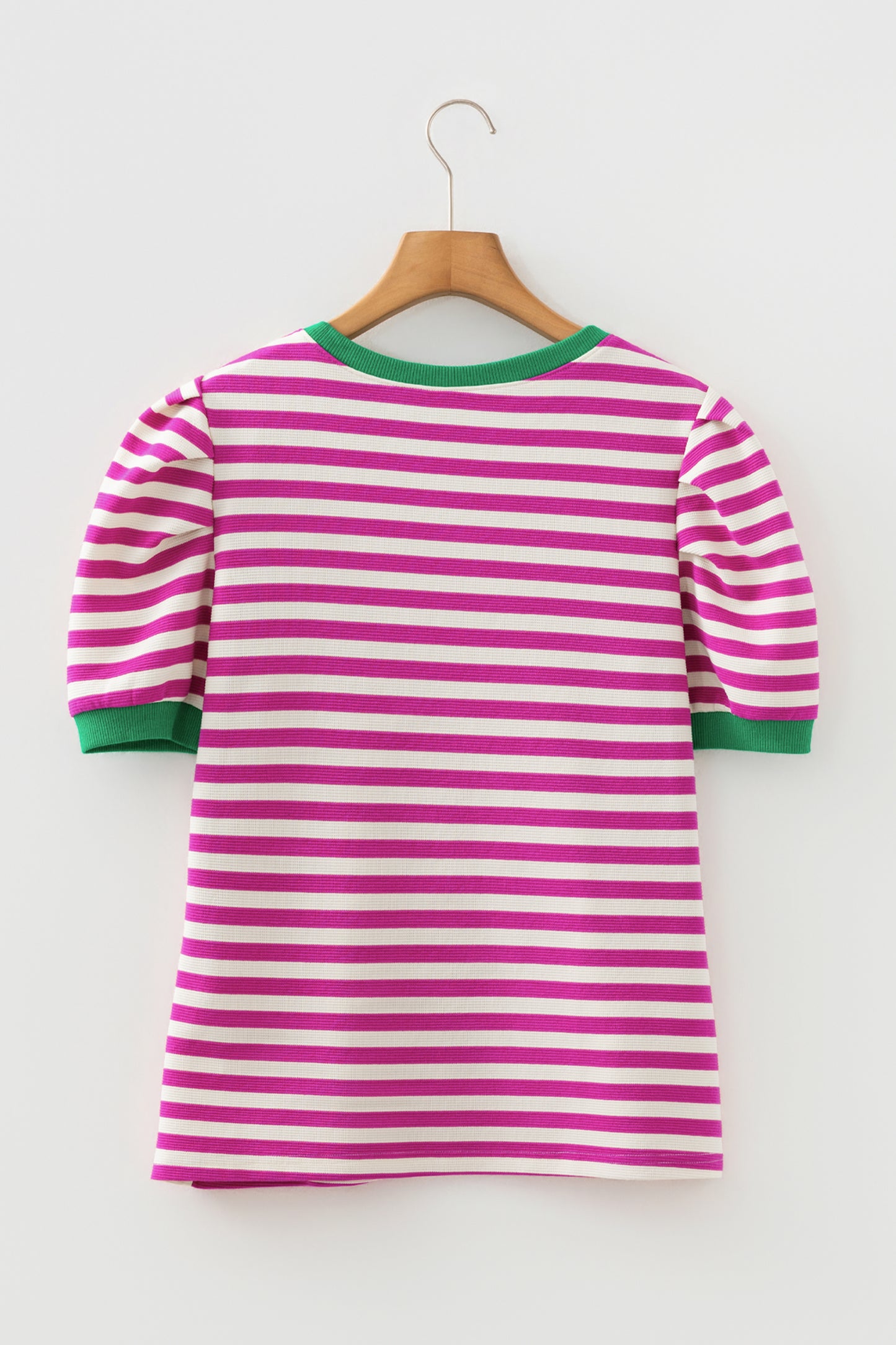 Rose Stripe Short Puff Sleeve Contrast Trim Round Neck Tee-Tops/Tops & Tees-[Adult]-[Female]-2022 Online Blue Zone Planet