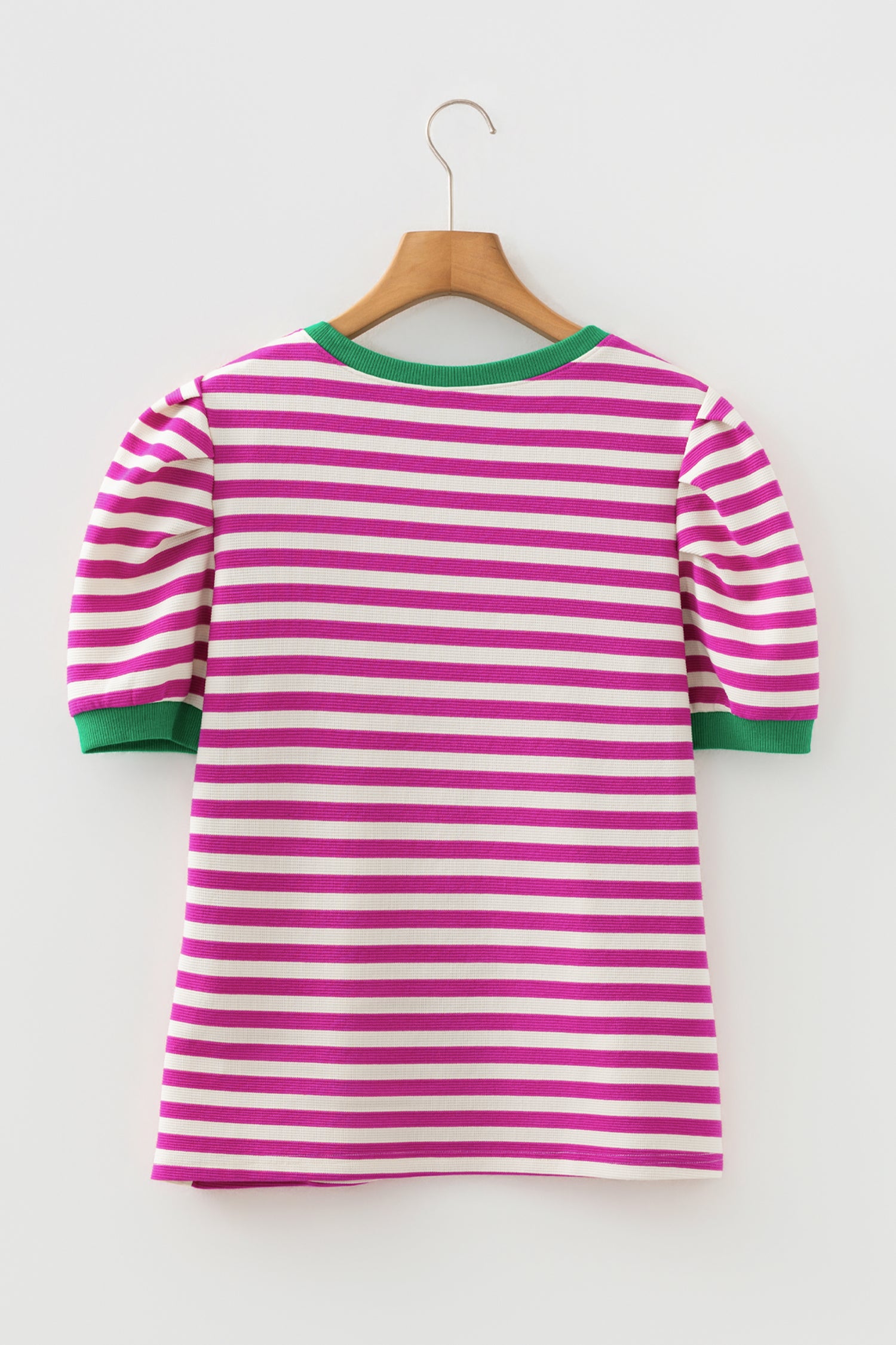 Rose Stripe Short Puff Sleeve Contrast Trim Round Neck Tee-Tops/Tops & Tees-[Adult]-[Female]-2022 Online Blue Zone Planet