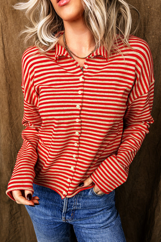 Red Stripe Striped Button Collar Long Sleeve Knit Cardigan-Sweaters & Cardigans/Cardigans-[Adult]-[Female]-Red Stripe-S-2022 Online Blue Zone Planet