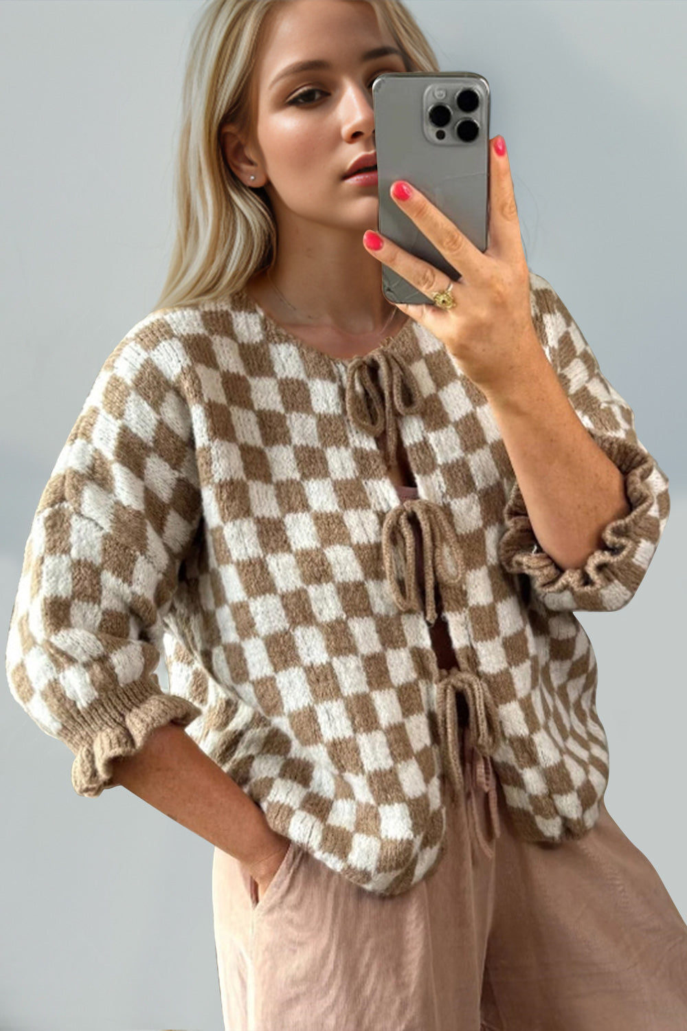 Double Take Tied Checkered Dropped Shoulder Flounce Sleeve Cardigan-TOPS / DRESSES-[Adult]-[Female]-2022 Online Blue Zone Planet