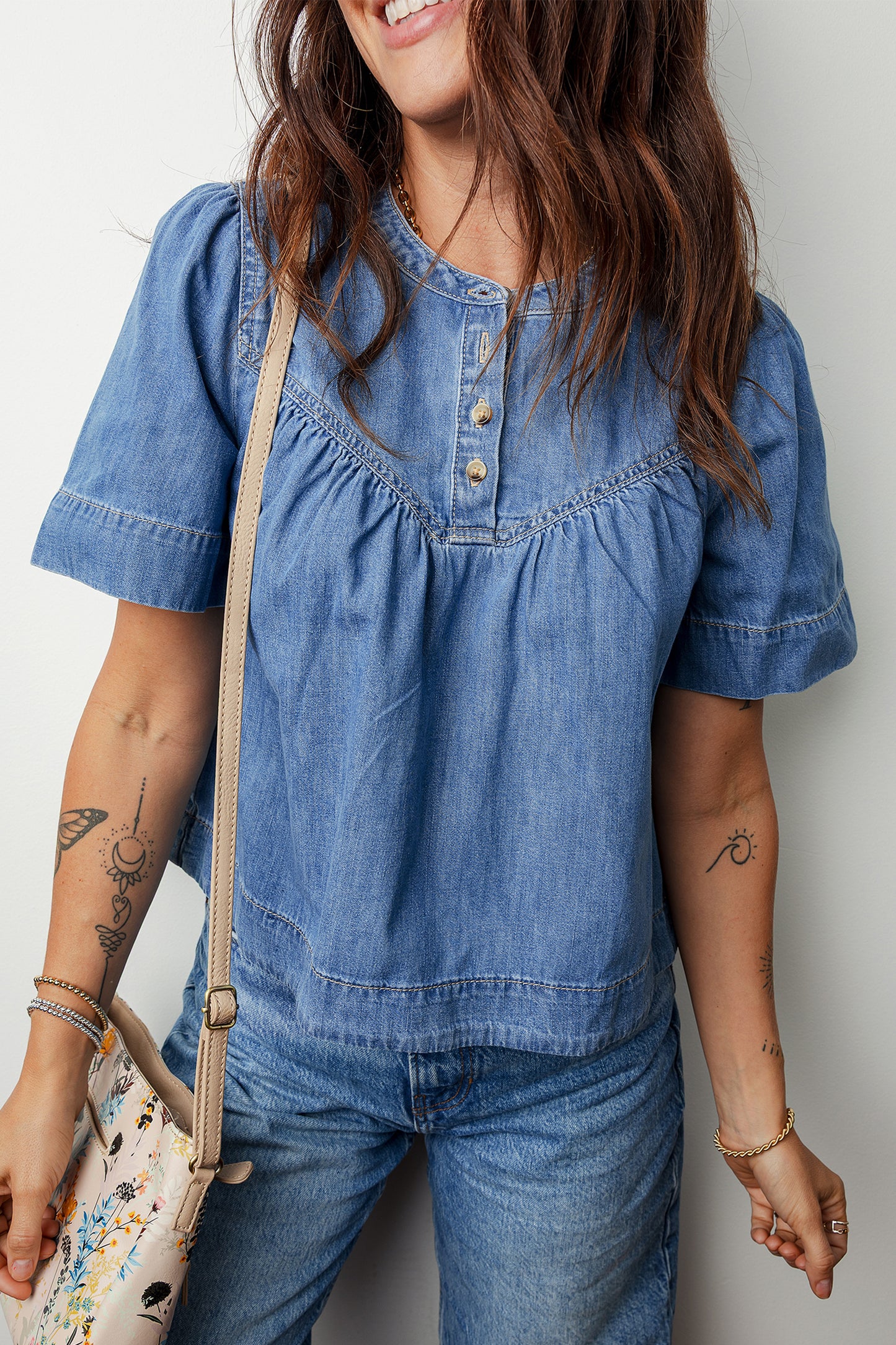Beau Blue Seam Pleated Detail Half Button Short Sleeve Denim Top-Tops/Blouses & Shirts-[Adult]-[Female]-Beau Blue-S-2022 Online Blue Zone Planet