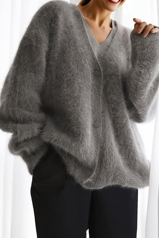 Philippine Gray V Neck Button Down Fuzzy Knit Mohair Sweater Cardigan-TOPS / DRESSES-[Adult]-[Female]-Philippine Gray-S-2022 Online Blue Zone Planet