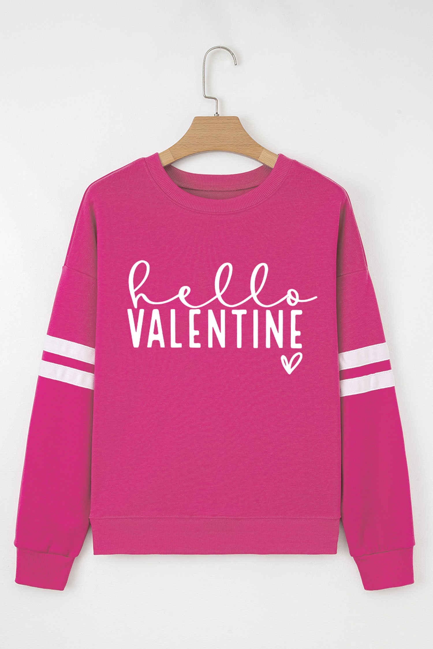 Rose Red Hello Valentine Varsity Striped Sleeve Baggy Sweatshirt-Graphic/Graphic Sweatshirts-[Adult]-[Female]-2022 Online Blue Zone Planet