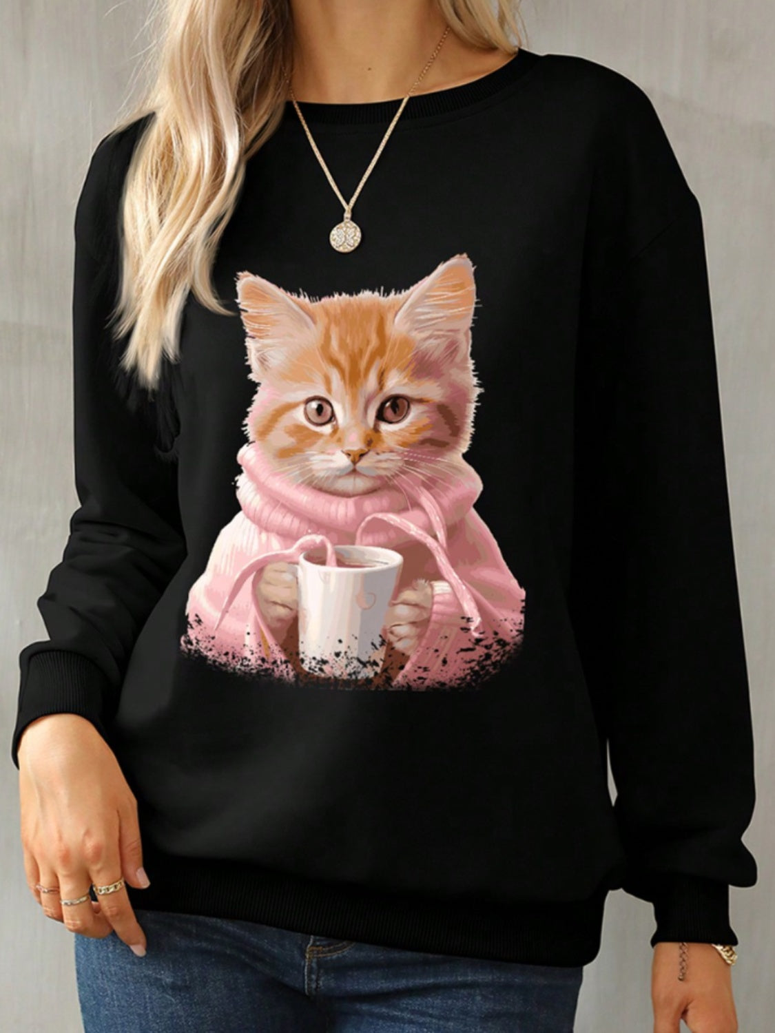 Cat Round Neck Long Sleeve Sweatshirt-TOPS / DRESSES-[Adult]-[Female]-2022 Online Blue Zone Planet