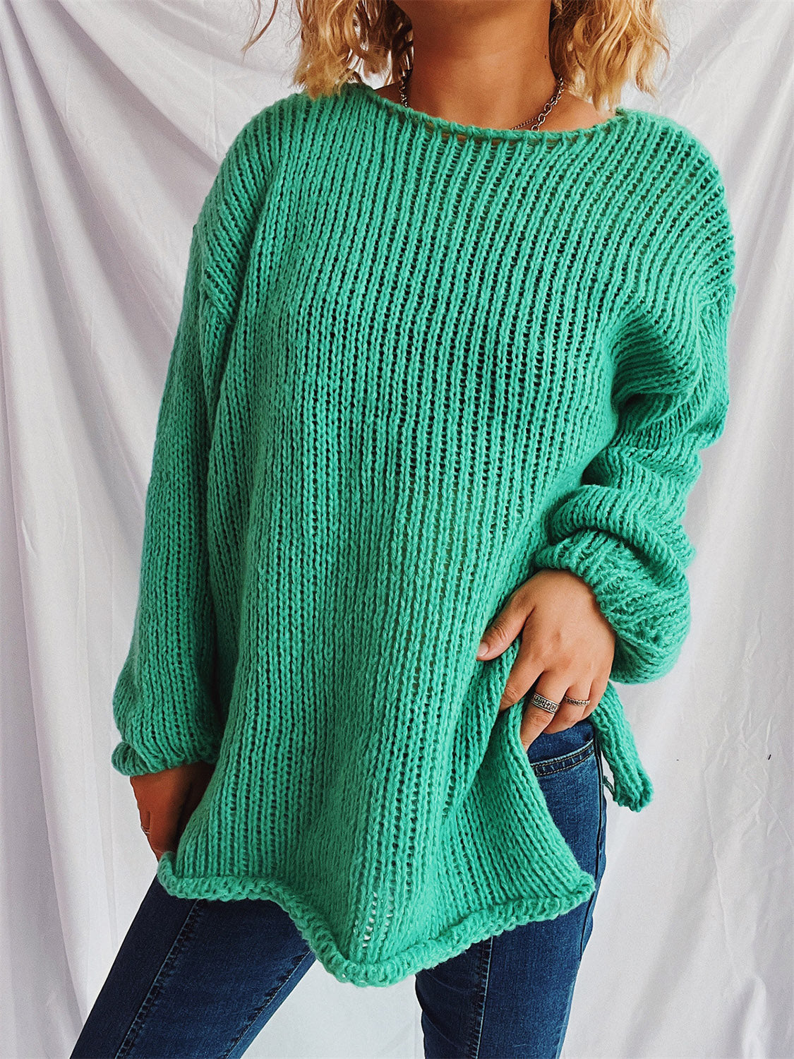 Boat Neck Dropped Shoulder Sweater-TOPS / DRESSES-[Adult]-[Female]-Turquoise-One Size-2022 Online Blue Zone Planet