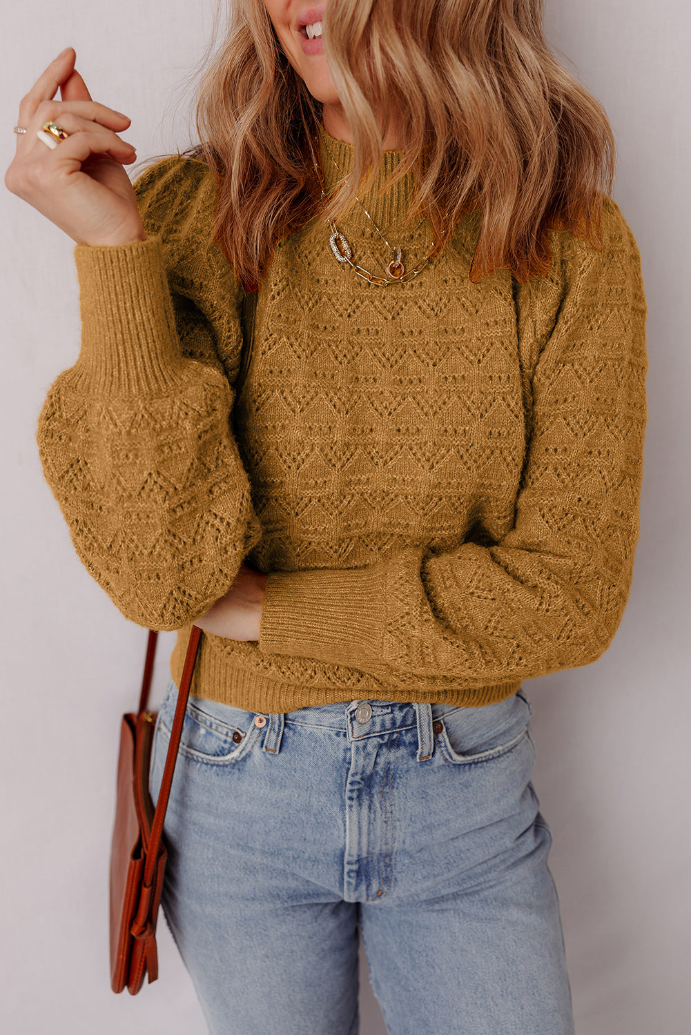 Jurassic Gold Hollow Out Crochet Ribbed Edge Balloon Sleeve Sweater-TOPS / DRESSES-[Adult]-[Female]-2022 Online Blue Zone Planet