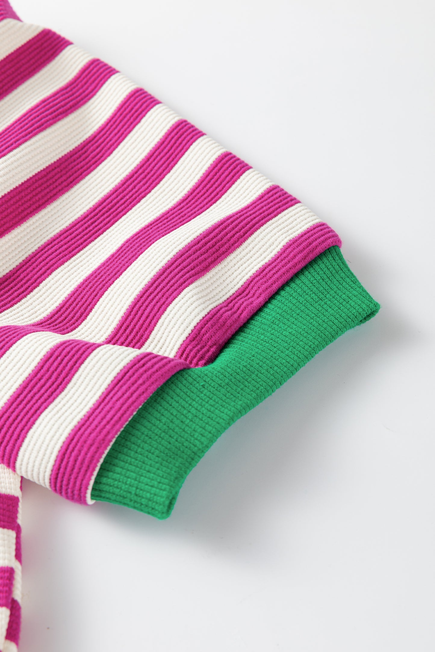 Rose Stripe Short Puff Sleeve Contrast Trim Round Neck Tee-Tops/Tops & Tees-[Adult]-[Female]-2022 Online Blue Zone Planet