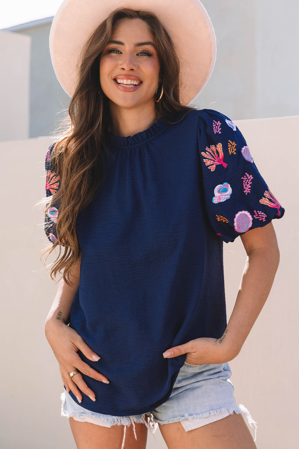 Blue Zone Planet | Sail Blue Shellfish Coral Embroidery Puff Sleeve Frilled Neck Blouse-Tops/Blouses & Shirts-[Adult]-[Female]-2022 Online Blue Zone Planet