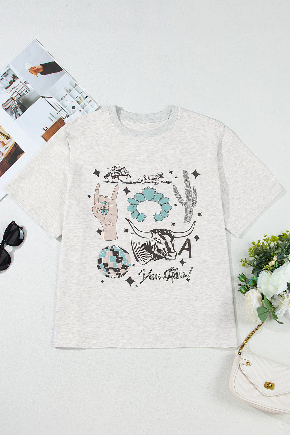 Light Grey Yee Haw Western Fashion Print Plus Size Tee-Plus Size/Plus Size Tops/Plus Size Tops & Tees-[Adult]-[Female]-2022 Online Blue Zone Planet