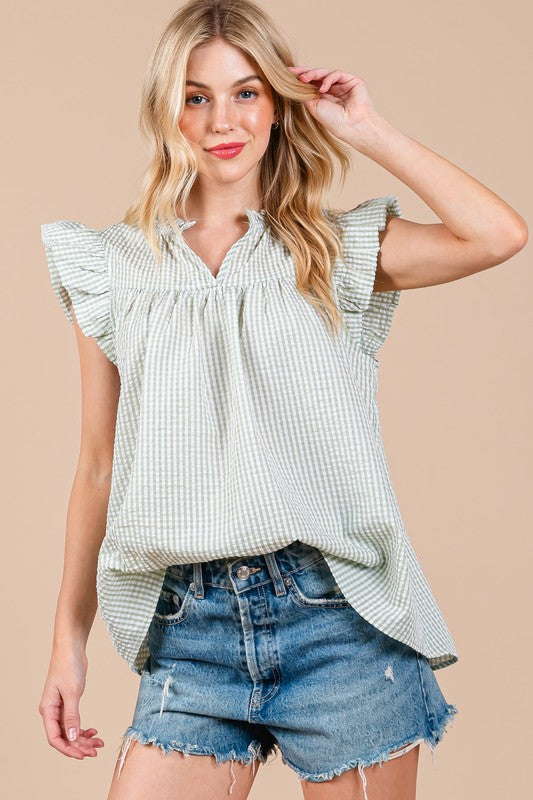 Ces Femme Plaid Notched Ruffled Cap Sleeve Blouse-TOPS / DRESSES-[Adult]-[Female]-Light Green-S-2022 Online Blue Zone Planet
