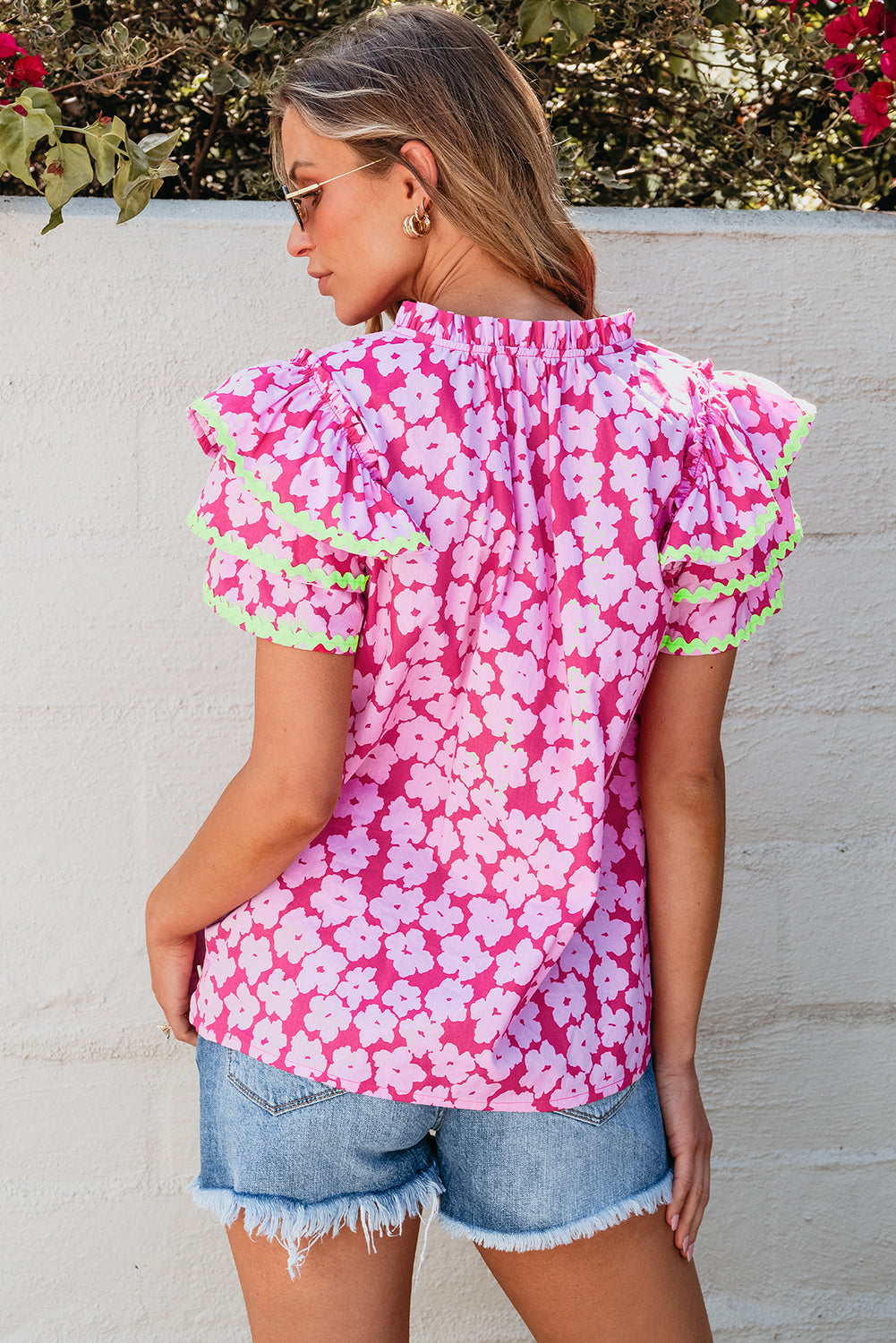 Black Floral Contrast Ric Rac Layered Ruffle Sleeve Blouse-Tops/Blouses & Shirts-[Adult]-[Female]-2022 Online Blue Zone Planet