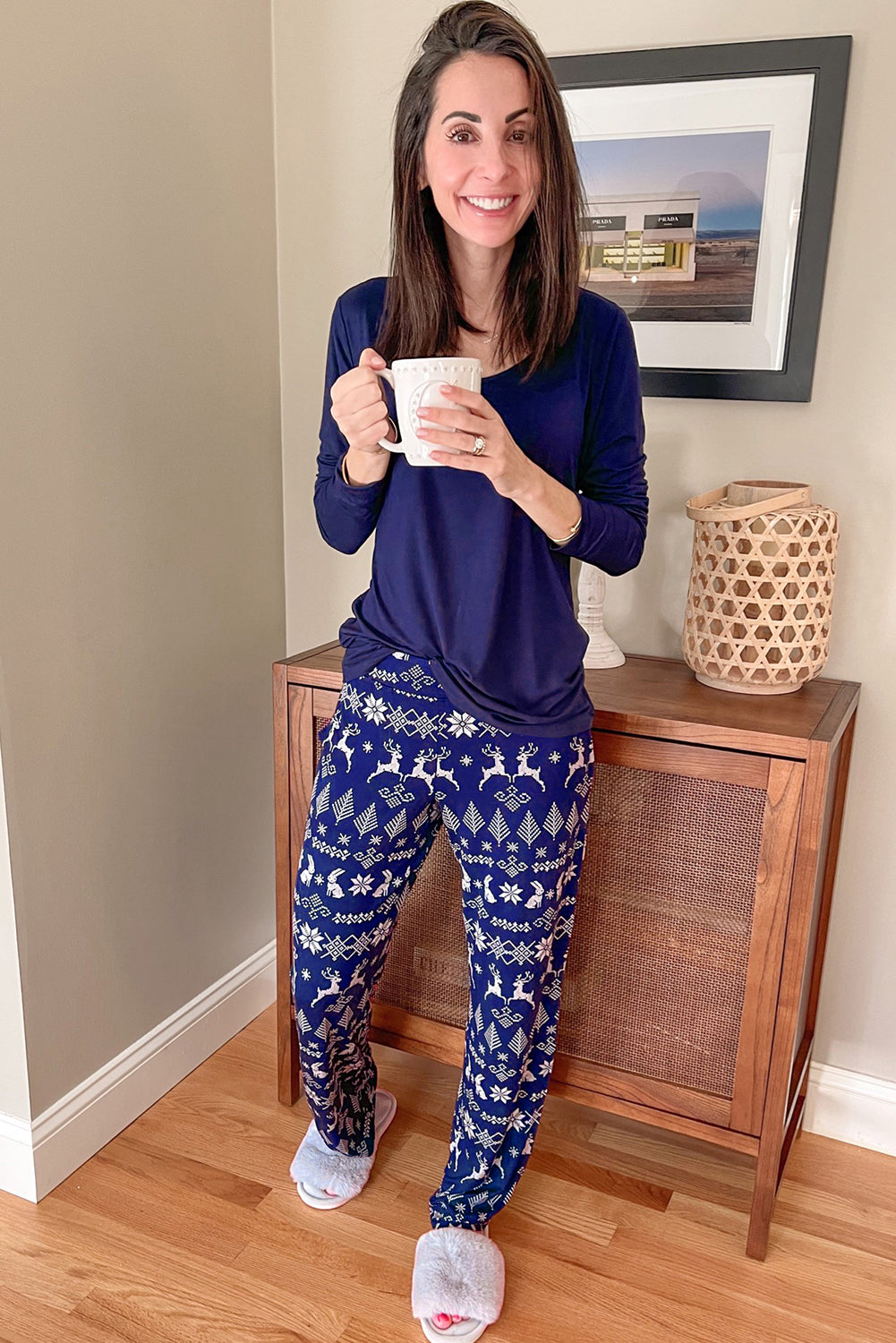 Blue Solid Top and Christmas Pants Two Piece Lounge Set-Loungewear & Sleepwear/Loungewear-[Adult]-[Female]-2022 Online Blue Zone Planet