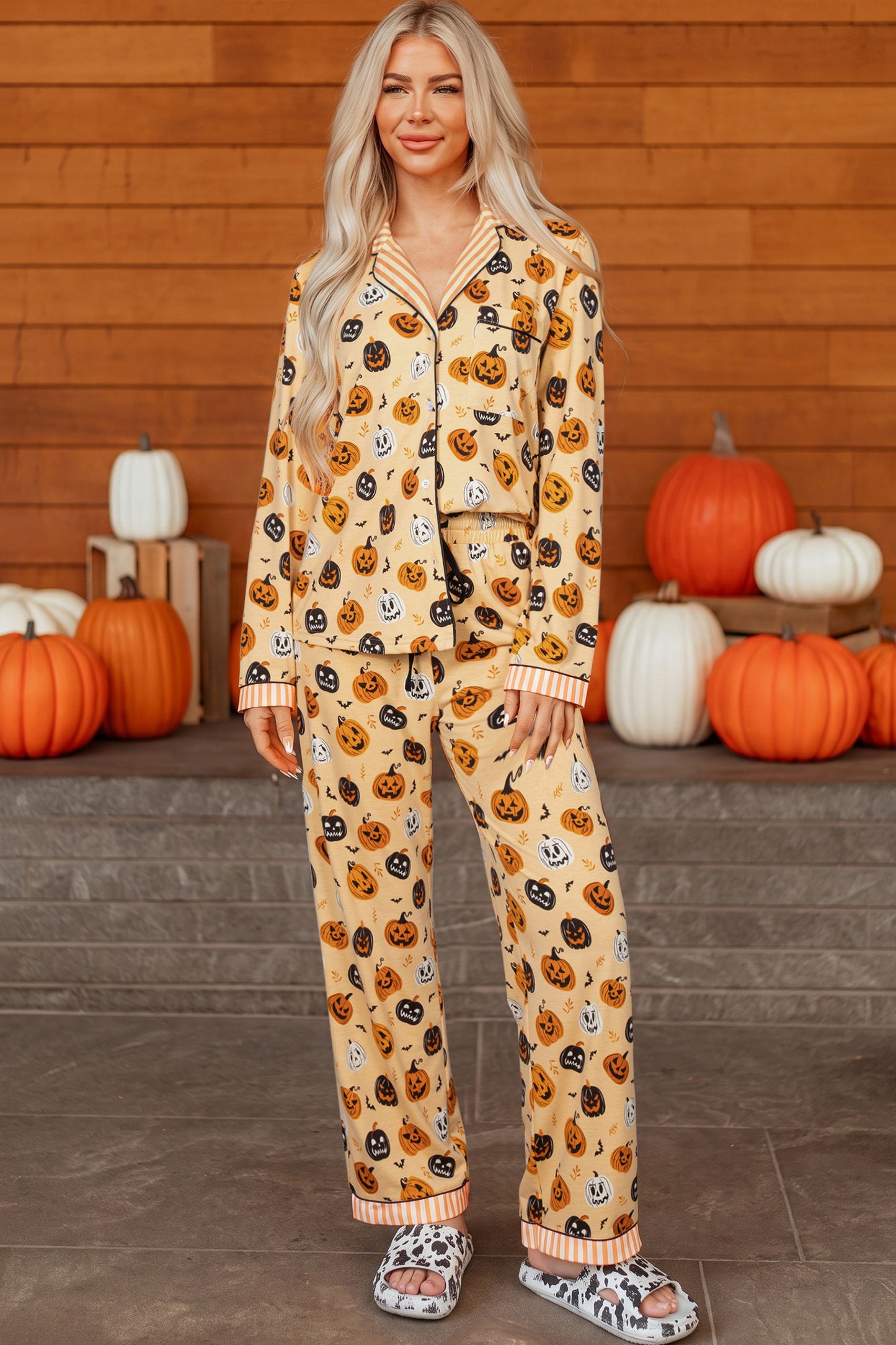 Orange Halloween Pumpkin Print Two Piece Long Sleeve Lounge Set-Loungewear & Sleepwear/Loungewear-[Adult]-[Female]-Orange-S-2022 Online Blue Zone Planet