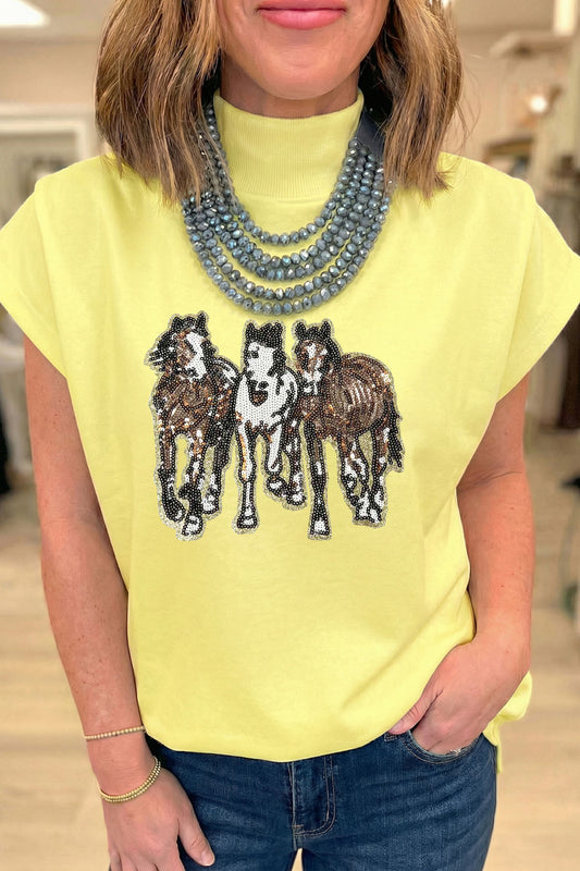 Yellow High Neck Sequin Horse Cap Sleeve Tunic Top-Graphic/Graphic Tees-[Adult]-[Female]-Yellow-S-2022 Online Blue Zone Planet