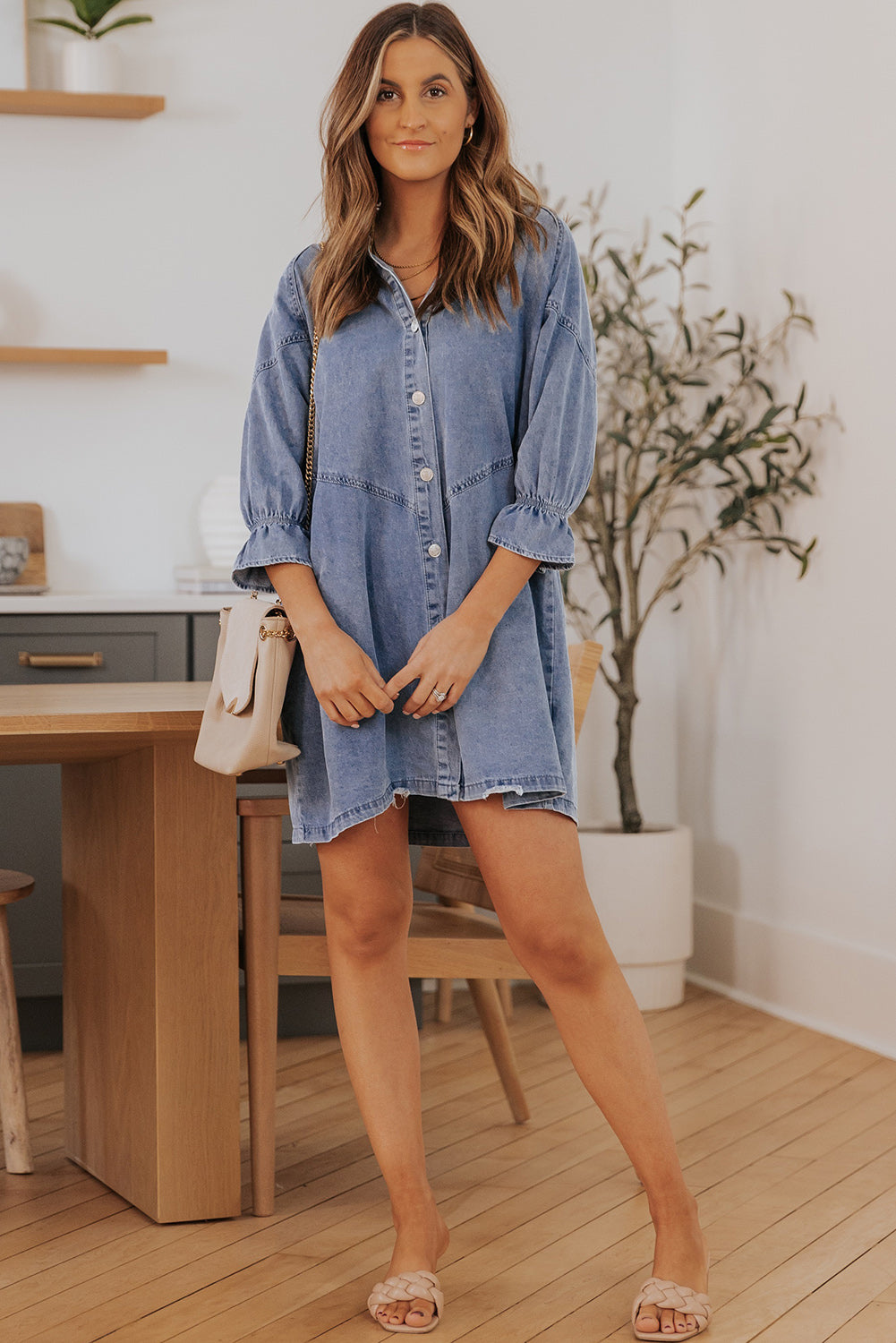 Blue Zone Planet | Sky Blue Buttoned Long Sleeve Denim Mini Dress-TOPS / DRESSES-[Adult]-[Female]-2022 Online Blue Zone Planet