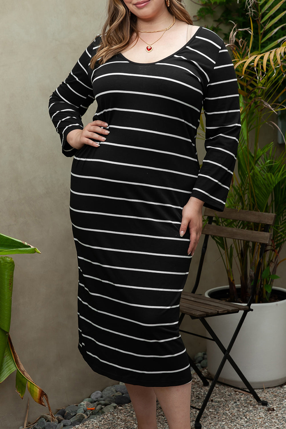 Blue Zone Planet | Black Plus Size Striped Loose Long Shift Dress-TOPS / DRESSES-[Adult]-[Female]-2022 Online Blue Zone Planet