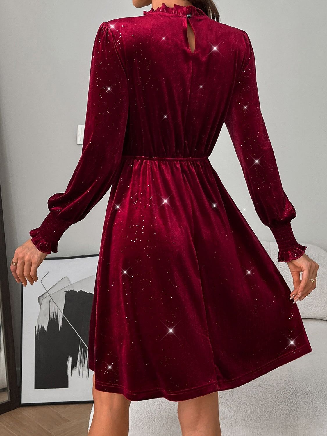 Burgundy Glitter Mock Neck Long Puff Sleeve Mini Dress Dark Green / L By Trendsi Burgundy Glitter Mock Neck Long Puff Sleeve Mini Dress Dark Green / L By Trendsi