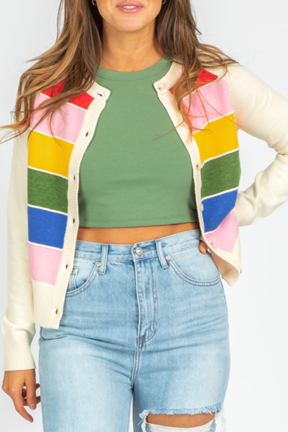 Blue Zone Planet | White Stripe Colorful Pattern Button Front Sweater Cardigan-Sweaters & Cardigans/Cardigans-[Adult]-[Female]-White Stripe-S-2022 Online Blue Zone Planet