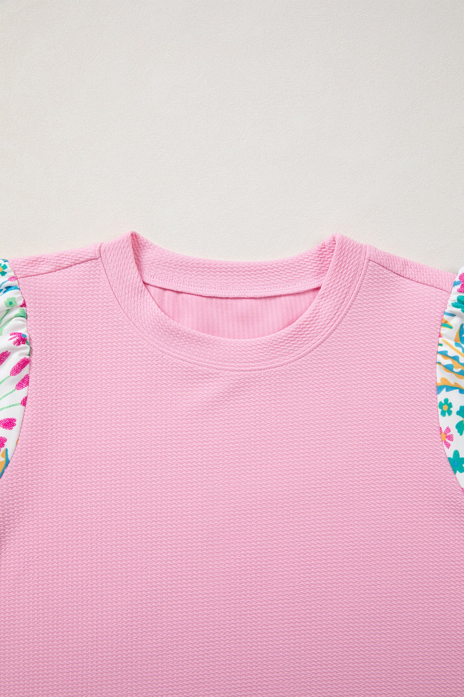 Pink Round Neck Textured Contrast Floral Bubble Sleeve Blouse-Tops/Blouses & Shirts-[Adult]-[Female]-2022 Online Blue Zone Planet