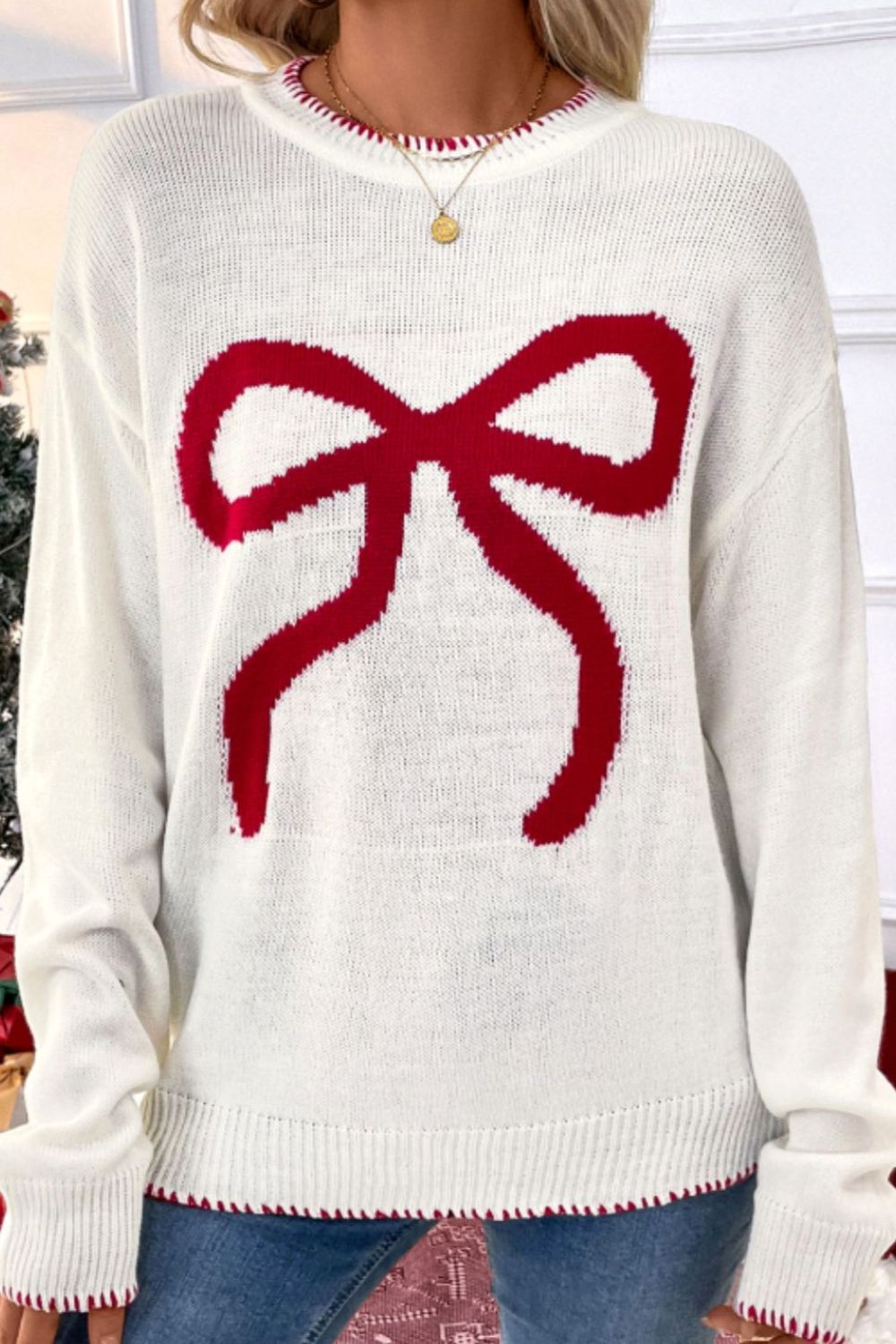 Bow Round Neck Drop Shoulder Sweater-TOPS / DRESSES-[Adult]-[Female]-2022 Online Blue Zone Planet
