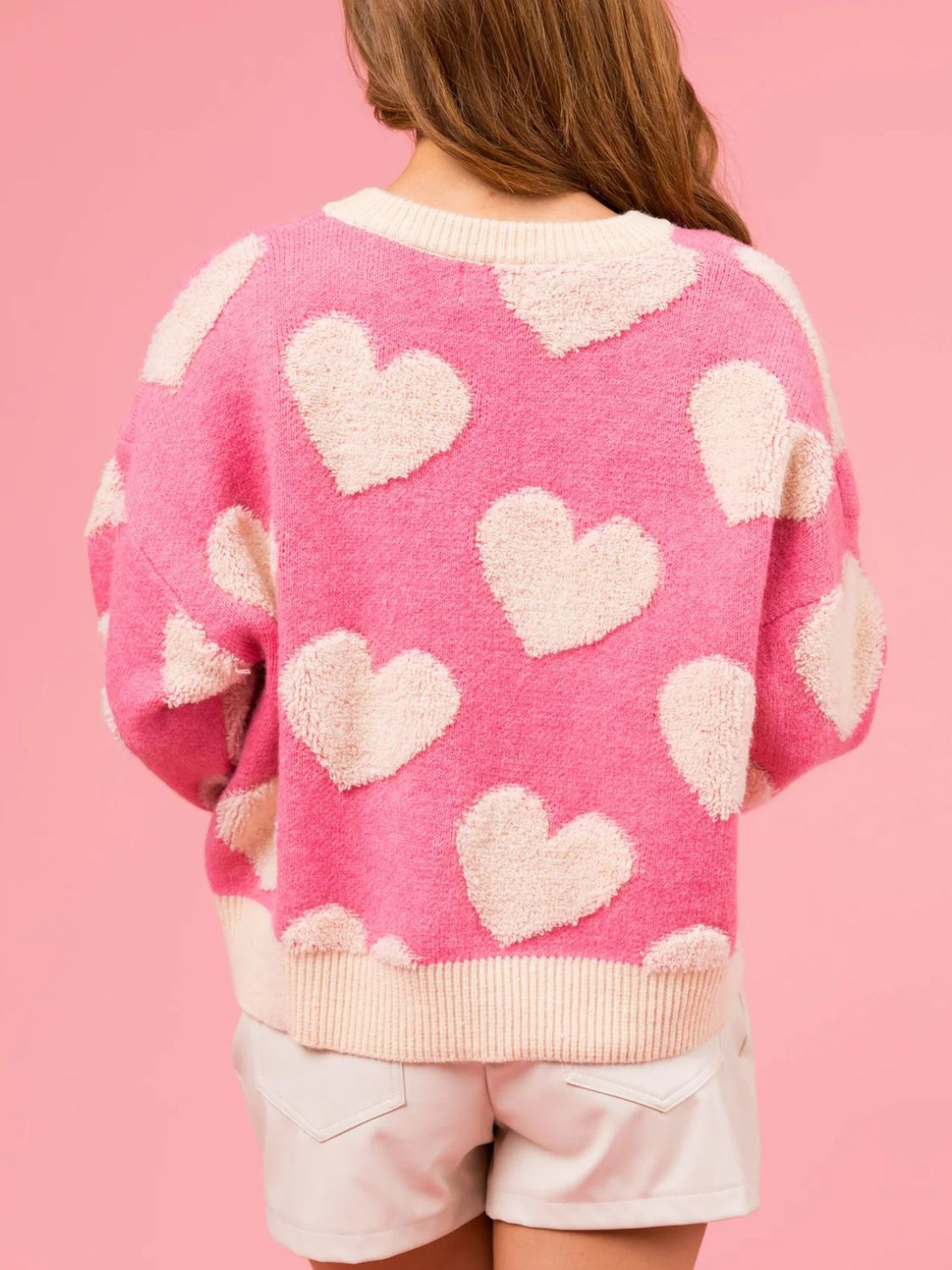 Valentine’s Day Fuzzy Heart Round Neck Long Sleeve Sweater-TOPS / DRESSES-[Adult]-[Female]-2022 Online Blue Zone Planet