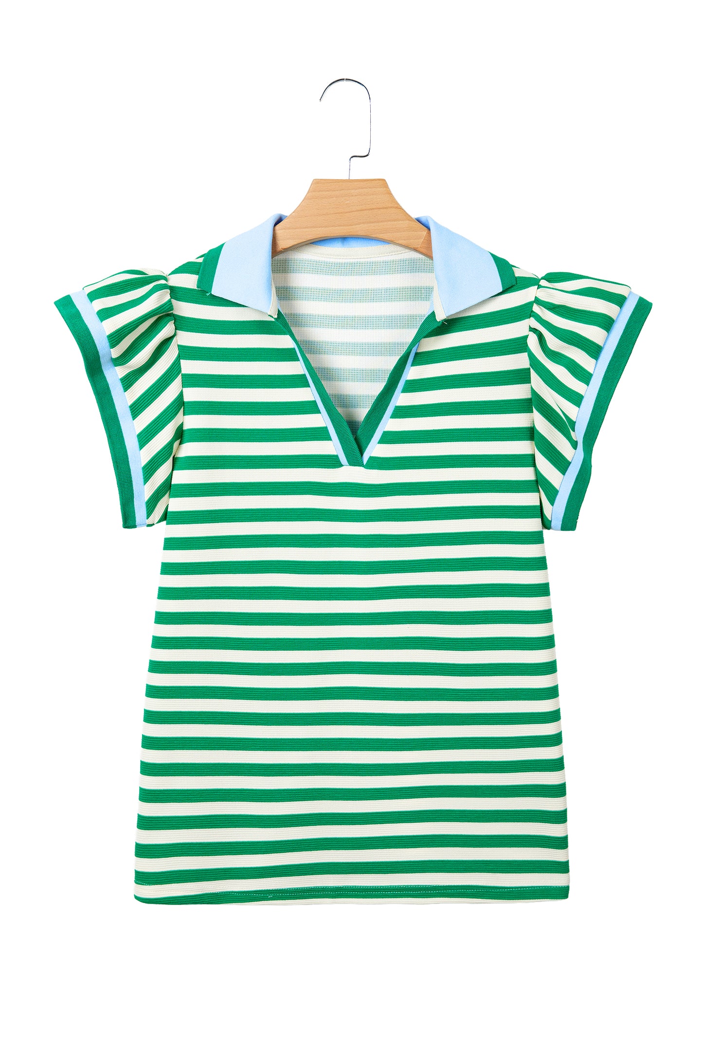 Rose Stripe Contrast Trim Polo Collar Ruffled Short Sleeve Blouse-Tops/Blouses & Shirts-[Adult]-[Female]-2022 Online Blue Zone Planet