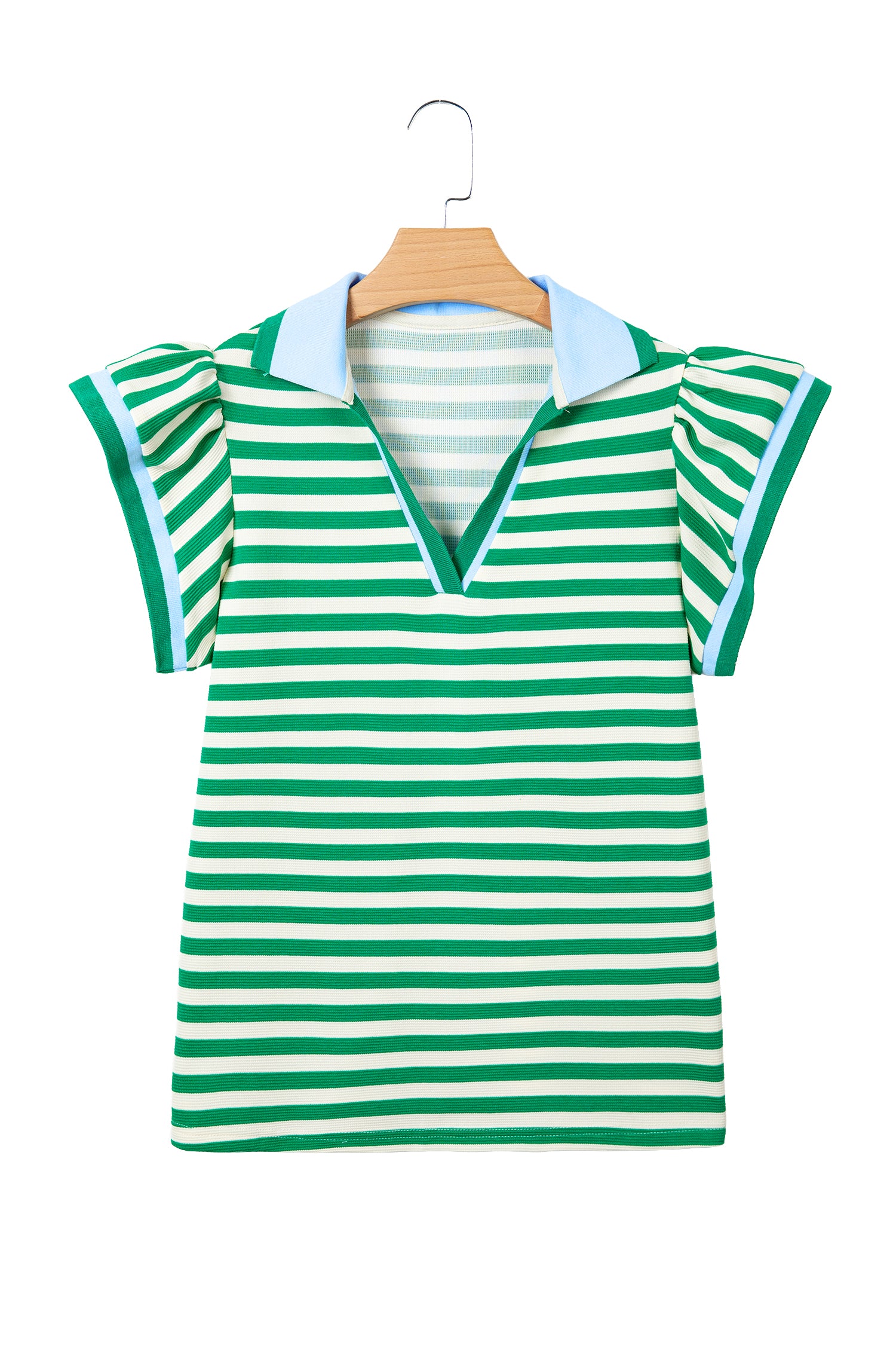Rose Stripe Contrast Trim Polo Collar Ruffled Short Sleeve Blouse-Tops/Blouses & Shirts-[Adult]-[Female]-2022 Online Blue Zone Planet
