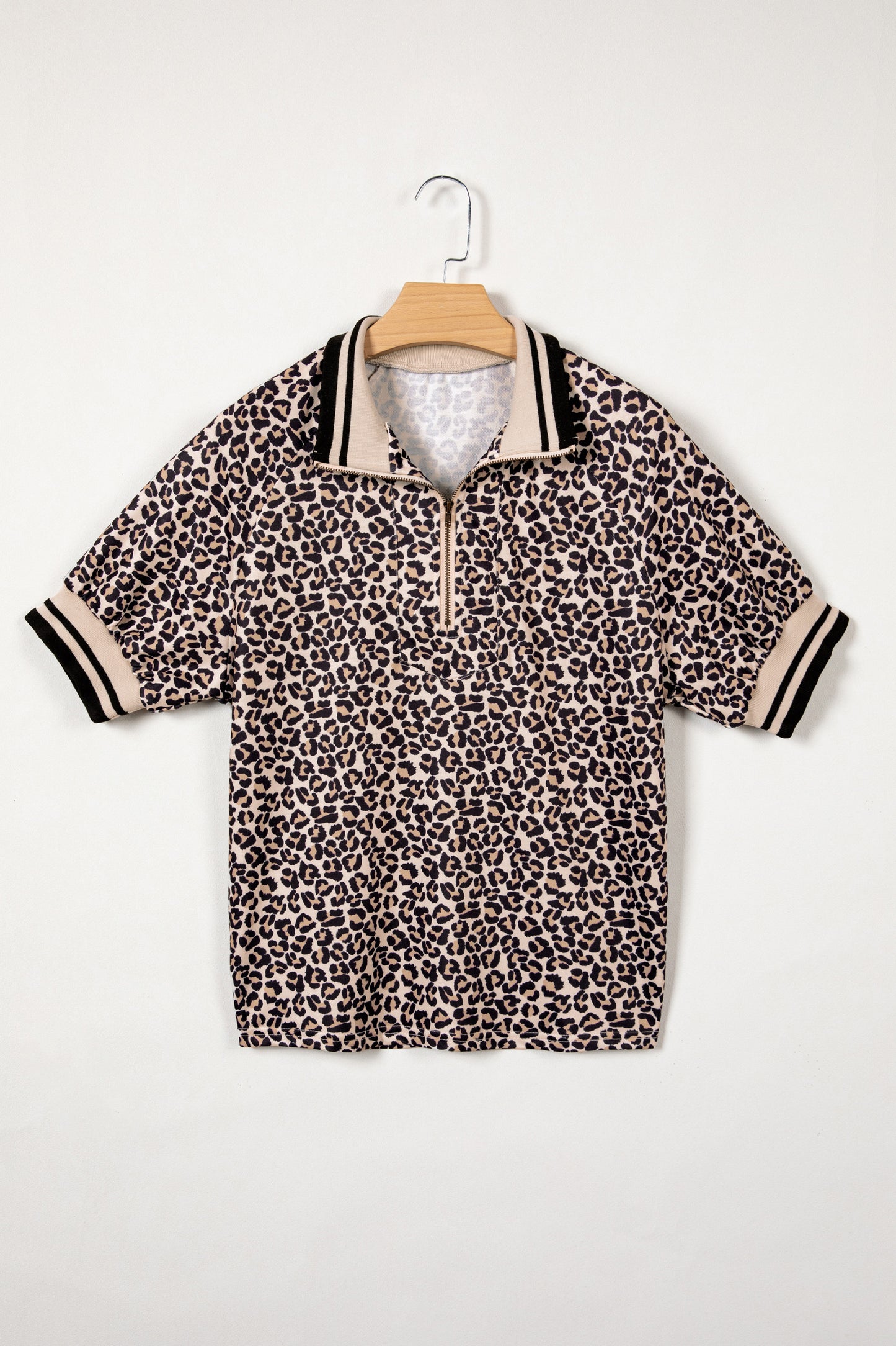 Brown Leopard Print Half Zip Striped Trim Patchwork Short Sleeve Top-Tops/Blouses & Shirts-[Adult]-[Female]-2022 Online Blue Zone Planet