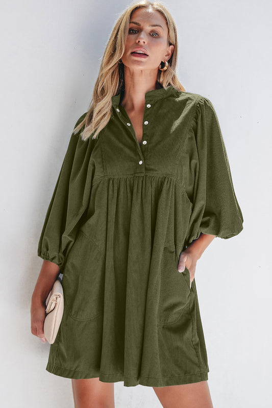 Blue Zone Planet | Vineyard Green Corduroy Snap Buttons Empire Waist Bracelet Sleeve Mini Dress-TOPS / DRESSES-[Adult]-[Female]-Vineyard Green-S-2022 Online Blue Zone Planet