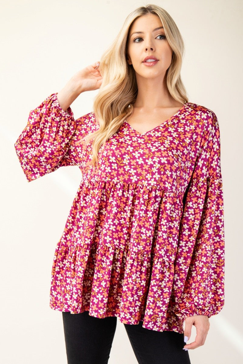 Celeste Full Size Floral V-Neck Balloon Sleeve Blouse-TOPS / DRESSES-[Adult]-[Female]-Magenta-S-2022 Online Blue Zone Planet