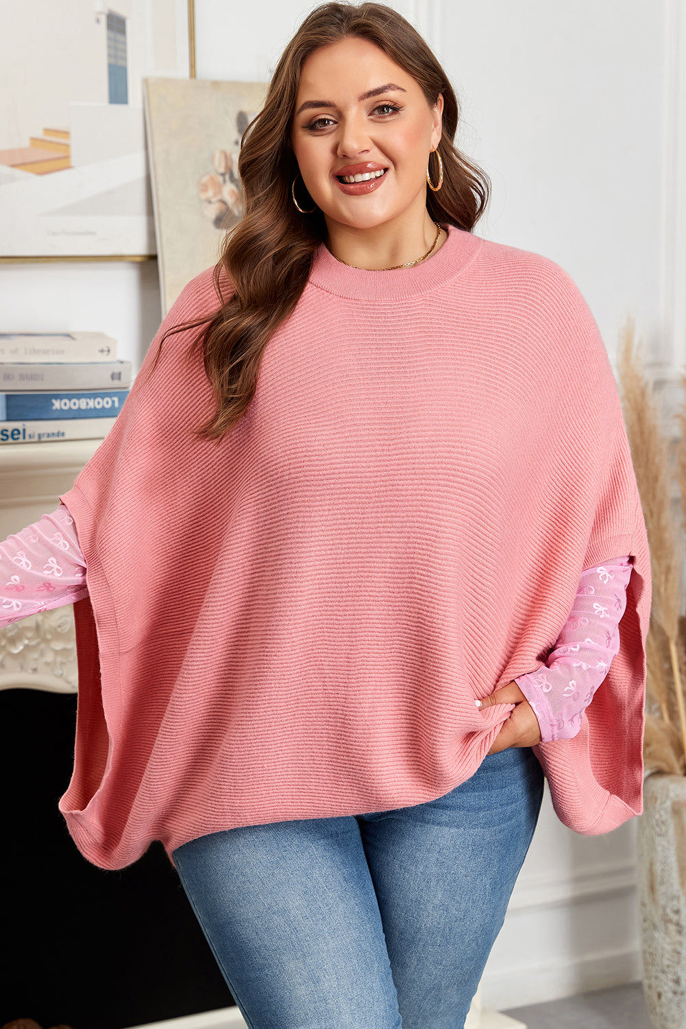 Light Pink Ribbed Knit Half Sleeve Plus Size Poncho Style Sweater-TOPS / DRESSES-[Adult]-[Female]-2022 Online Blue Zone Planet