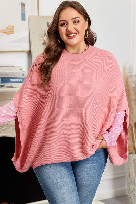 Light Pink Ribbed Knit Half Sleeve Plus Size Poncho Style Sweater-TOPS / DRESSES-[Adult]-[Female]-2022 Online Blue Zone Planet