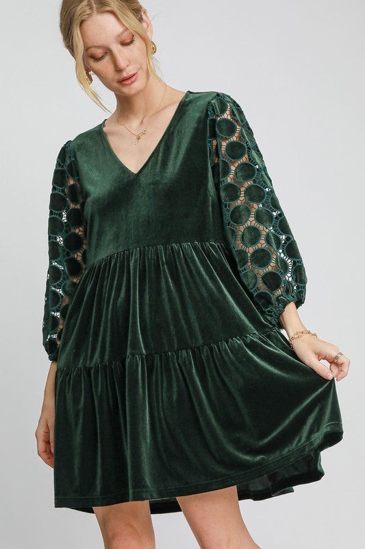 Blue Zone Planet | Umgee Dotted Lace Sleeve Tiered Velvet Mini Dress-TOPS / DRESSES-[Adult]-[Female]-Dark Green-S-2022 Online Blue Zone Planet