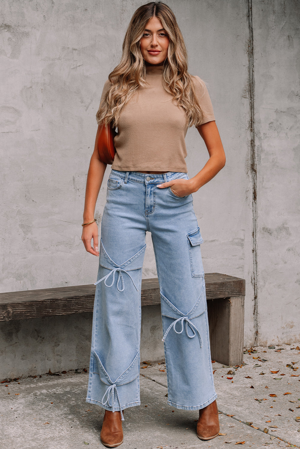 Beau Blue Bowknot Decor Boyfriend Cargo Jeans-Bottoms/Jeans-[Adult]-[Female]-2022 Online Blue Zone Planet