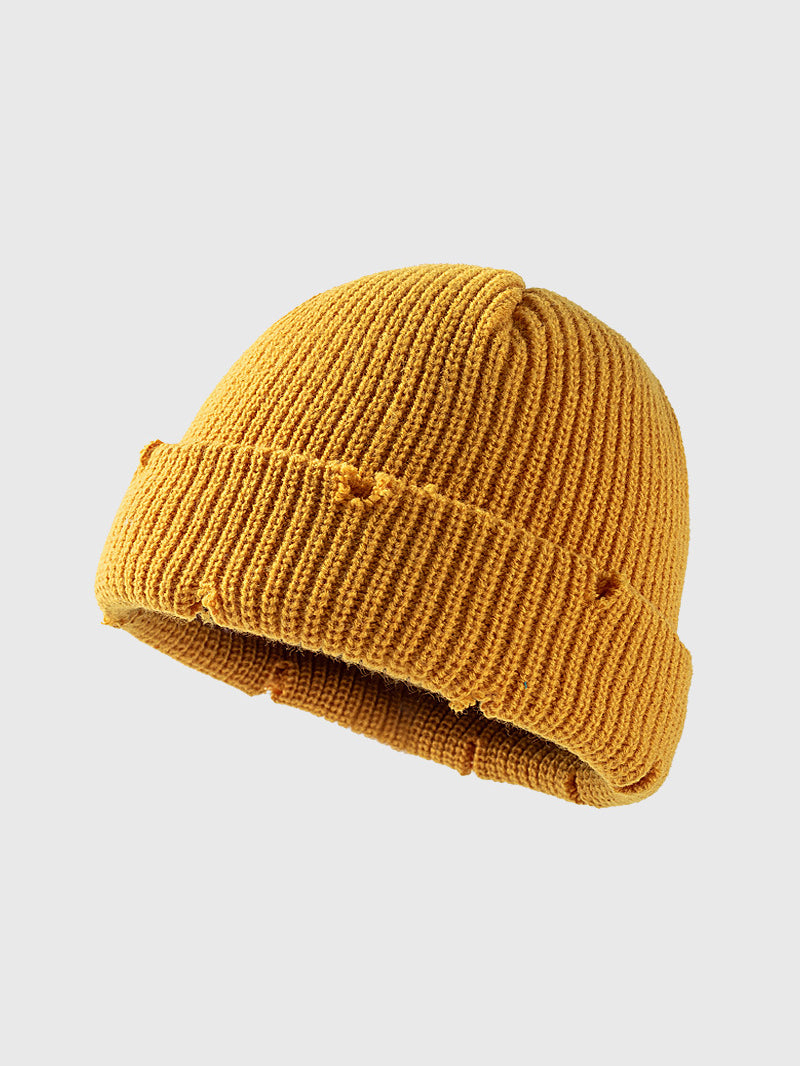 Distressed Cuffed Knit Hat-BEANIES-[Adult]-[Female]-Yellow-One Size-2022 Online Blue Zone Planet