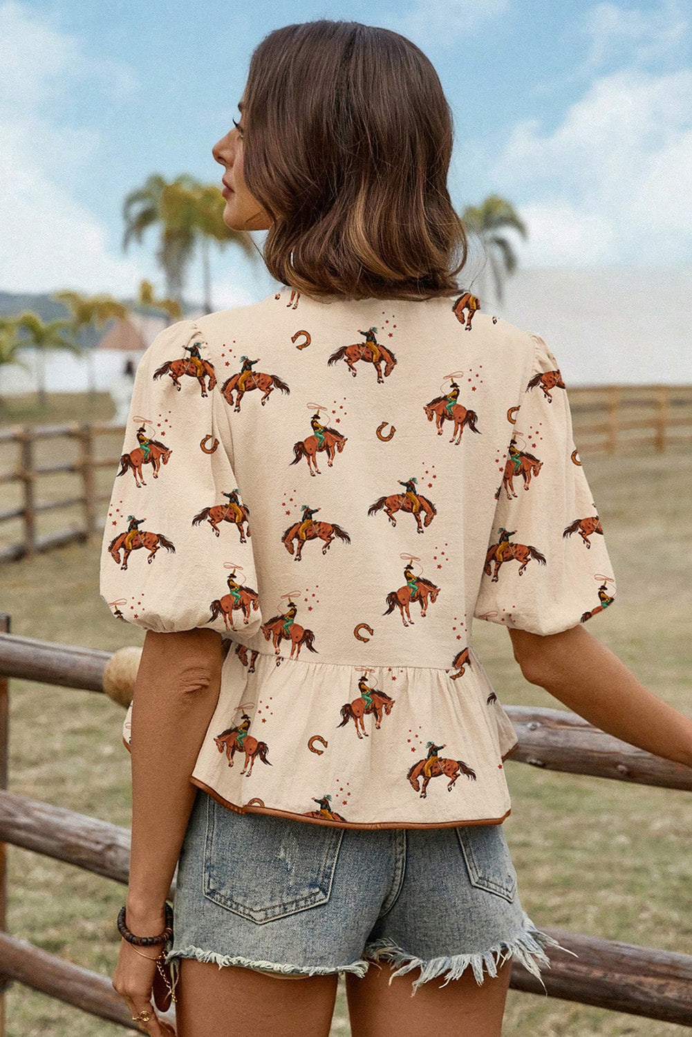 Apricot Cowboy Print Puff Sleeve Bowknot Peplum Blouse-Tops/Blouses & Shirts-[Adult]-[Female]-2022 Online Blue Zone Planet