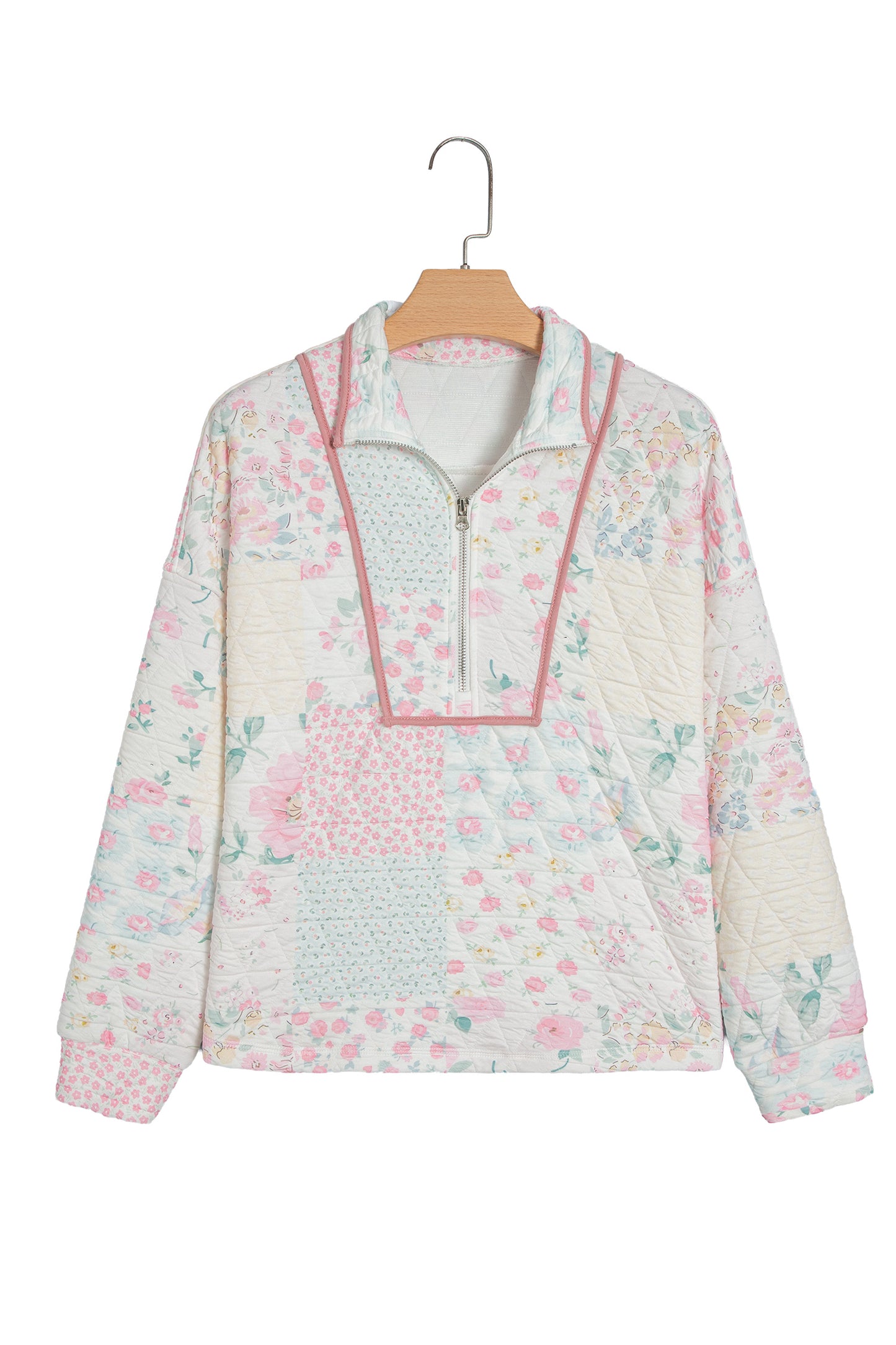 Multicolour Floral Quilted Metal Zipper Collar Long Sleeve Sweatshirt-Tops / Dresses-[Adult]-[Female]-2022 Online Blue Zone Planet