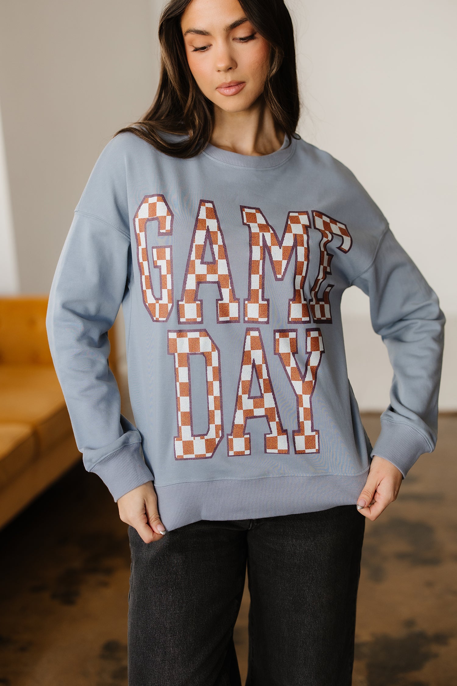 Sleet Game Day Checkered Letter Graphic Oversize Sweatshirt-Tops/Sweatshirts & Hoodies-[Adult]-[Female]-2022 Online Blue Zone Planet