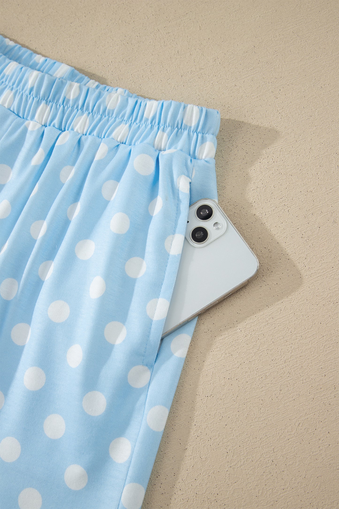 Sky Blue Polka Dot Print Color Block Trim Mock Neck Short Set-Two Piece Sets/Short Sets-[Adult]-[Female]-2022 Online Blue Zone Planet
