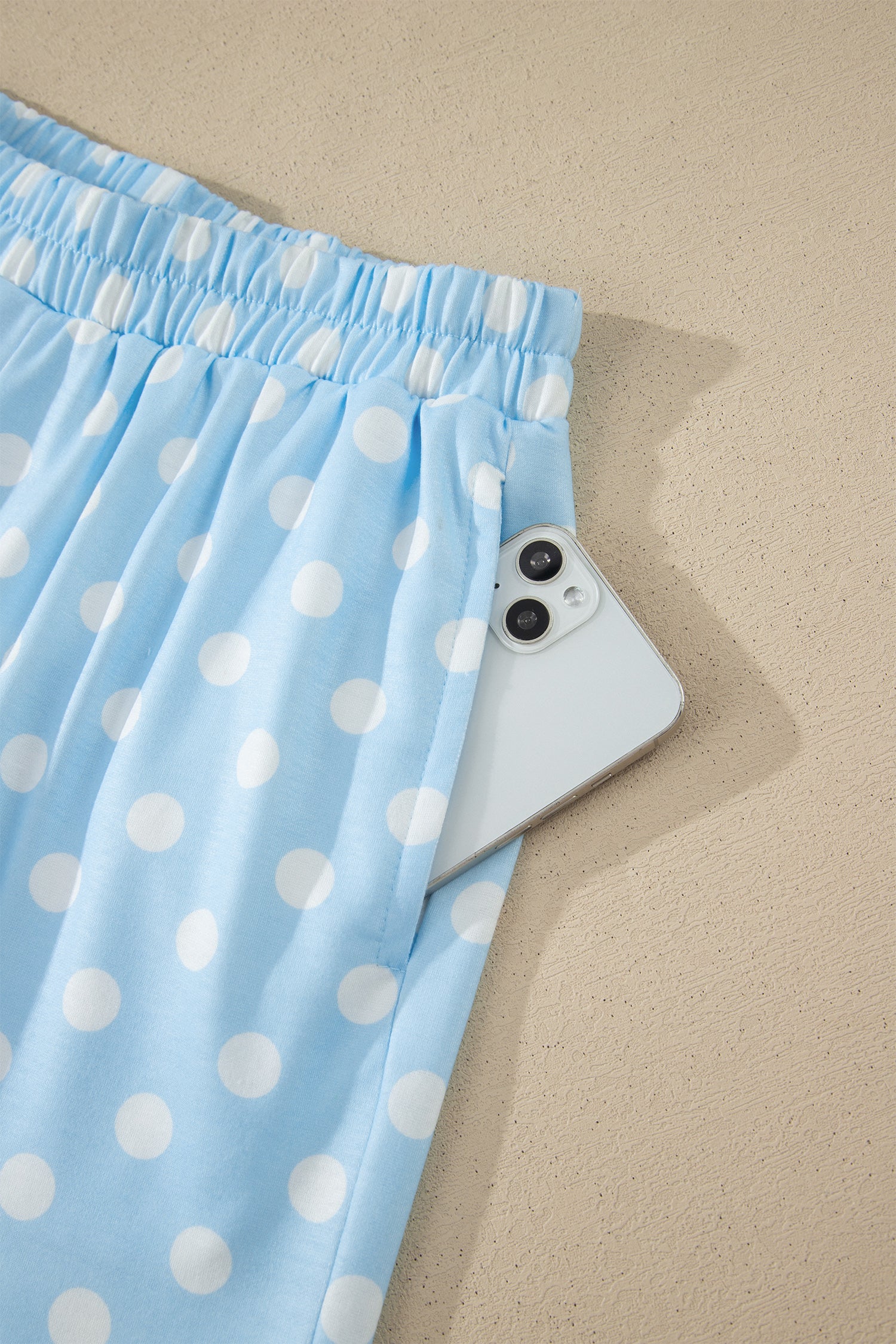 Sky Blue Polka Dot Print Color Block Trim Mock Neck Short Set-Two Piece Sets/Short Sets-[Adult]-[Female]-2022 Online Blue Zone Planet