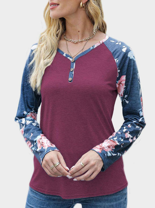 V-Neck Floral Long Sleeve T-Shirt-TOPS / DRESSES-[Adult]-[Female]-Burgundy-S-2022 Online Blue Zone Planet