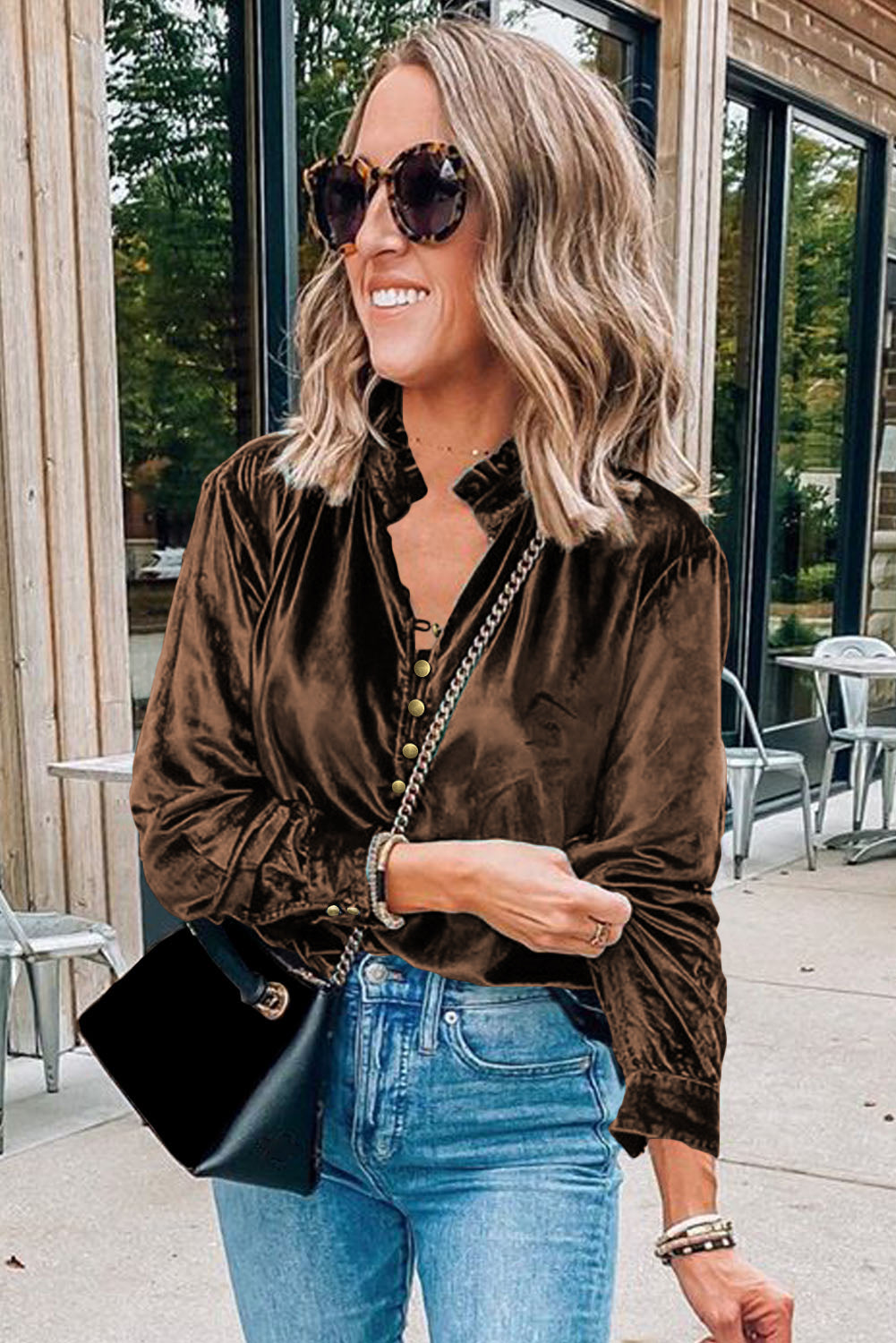 Burgundy Frilled Neck Buttoned Front Velvet Top-Tops/Blouses & Shirts-[Adult]-[Female]-2022 Online Blue Zone Planet