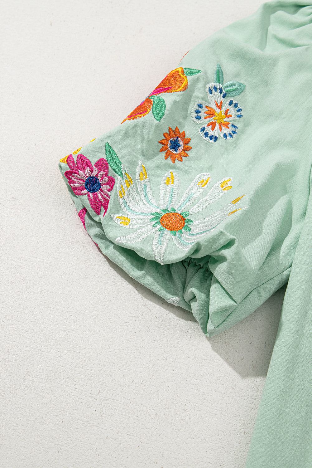 Clearly Aqua Floral Embroidered Puff Sleeve Split Neck Blouse-Tops/Blouses & Shirts-[Adult]-[Female]-2022 Online Blue Zone Planet